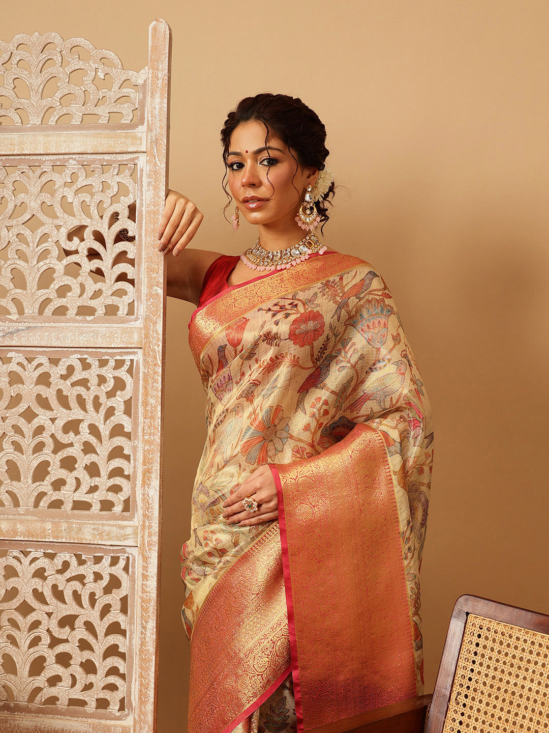 Hiral Fashion Beige Banarasi Muga Silk Pichwai Digital Printed Saree | Swadesiicart