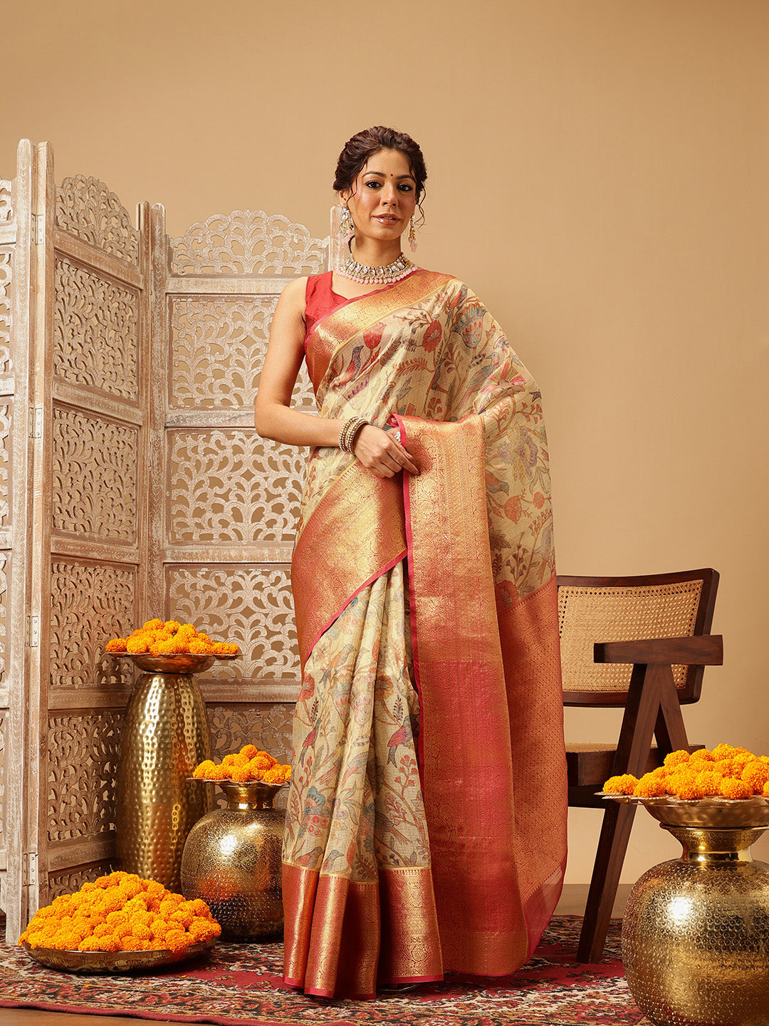 Hiral Fashion Beige Banarasi Muga Silk Pichwai Digital Printed Saree | Swadesiicart
