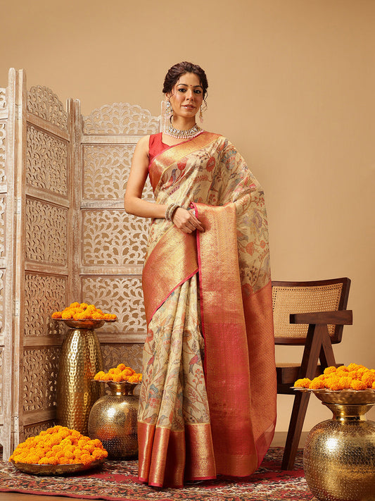 Hiral Fashion Beige Banarasi Muga Silk Pichwai Digital Printed Saree | Swadesiicart