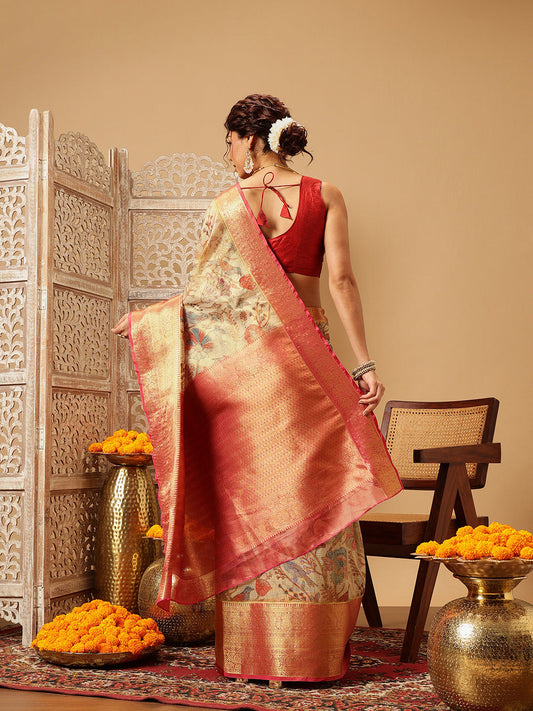Hiral Fashion Beige Banarasi Muga Silk Pichwai Digital Printed Saree | Swadesiicart