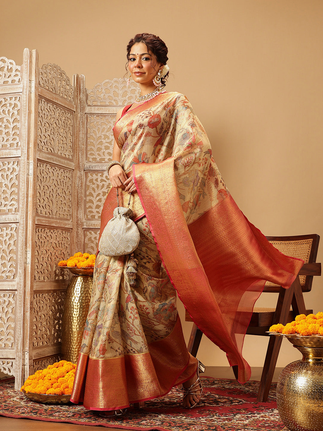 Hiral Fashion Beige Banarasi Muga Silk Pichwai Digital Printed Saree | Swadesiicart