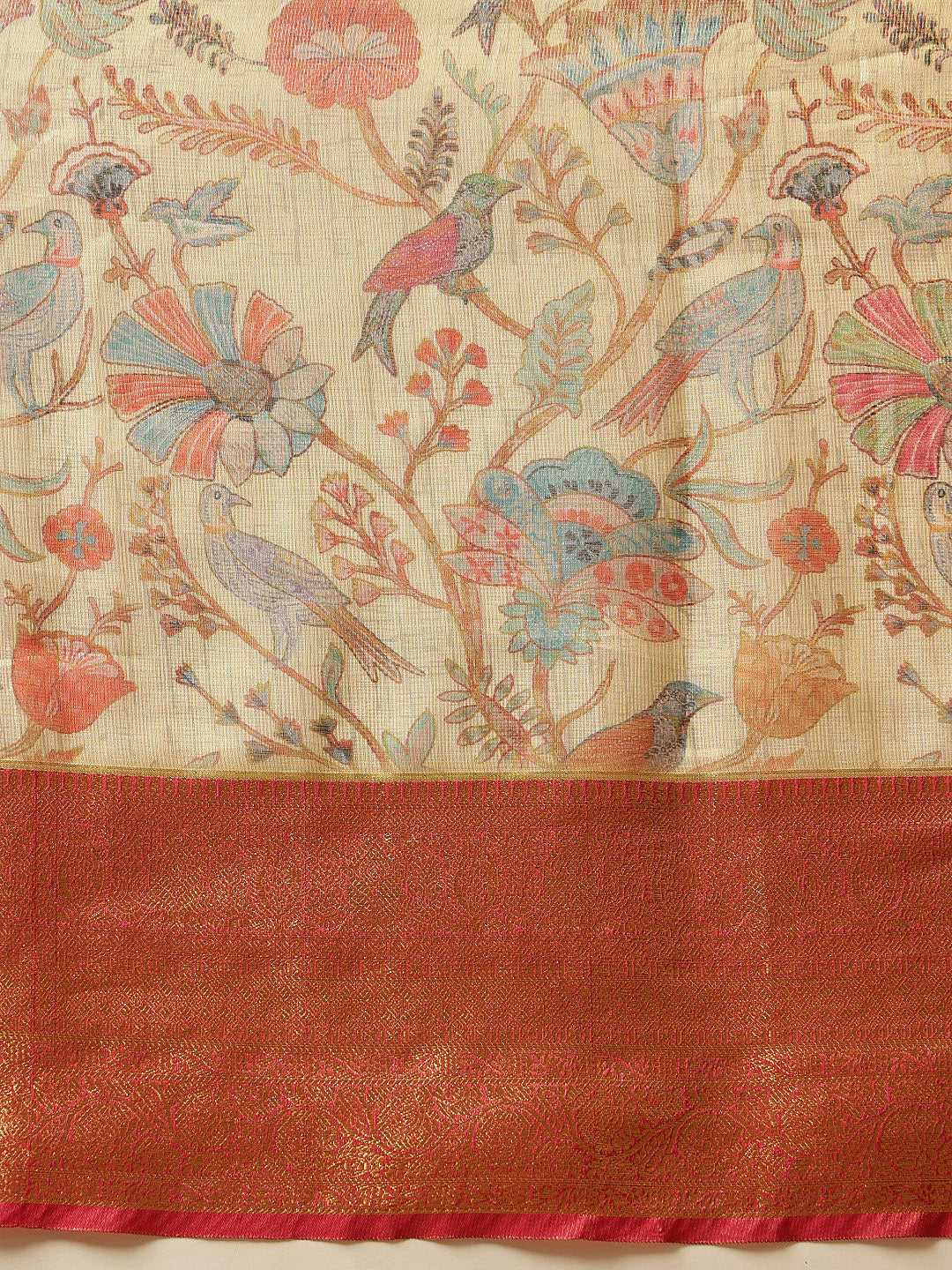 Hiral Fashion Beige Banarasi Muga Silk Pichwai Digital Printed Saree | Swadesiicart