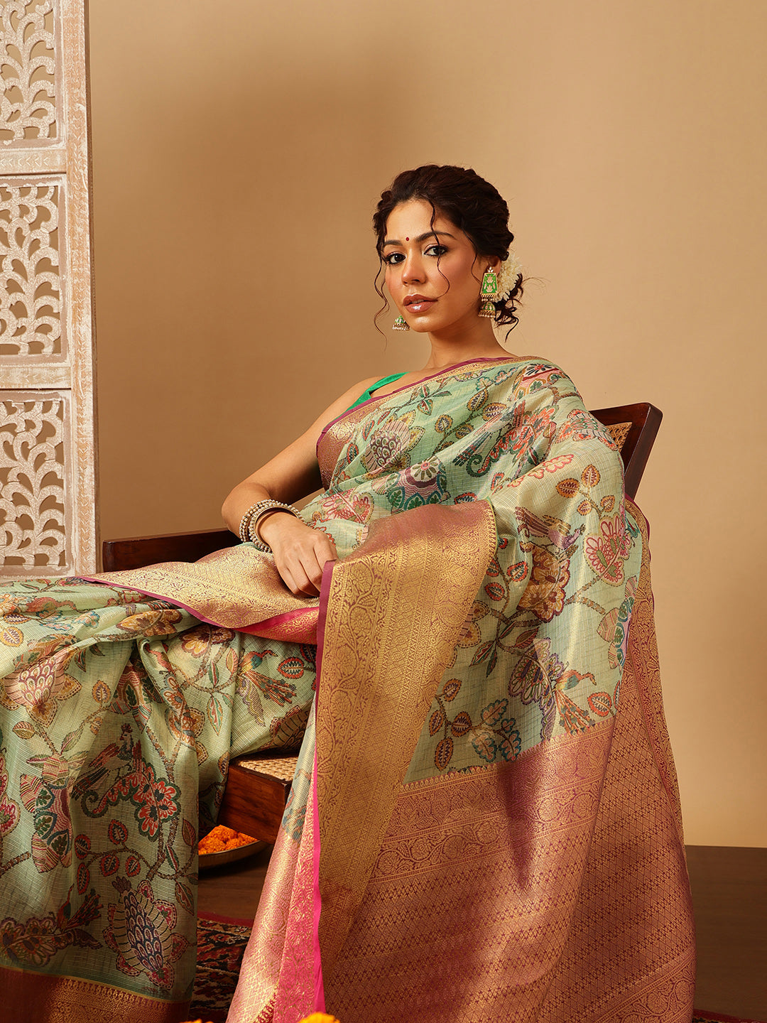 Hiral Fashion Green Banarasi Muga Silk Pichwai Digital Printed Saree | Swadesiicart