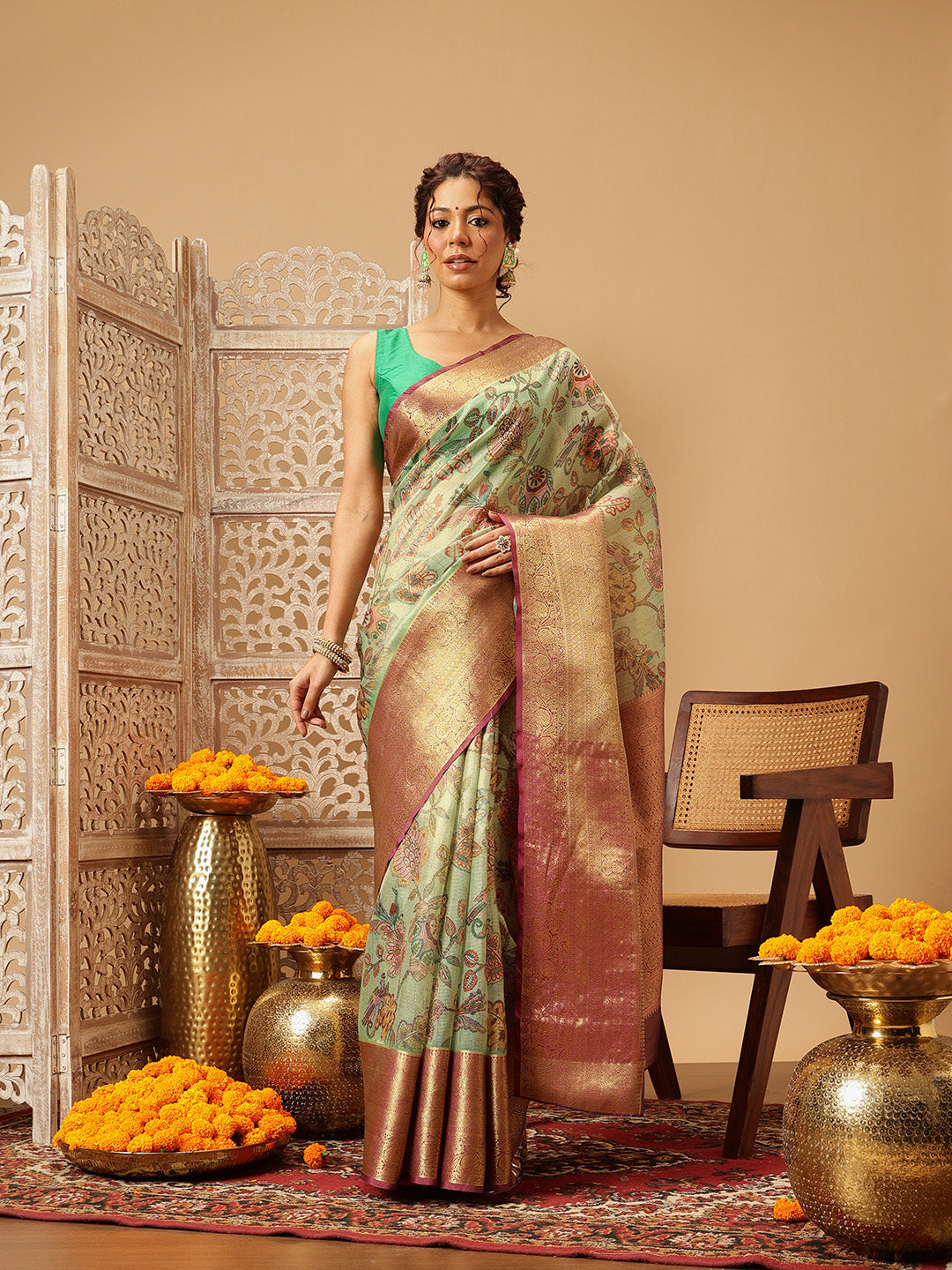 Hiral Fashion Green Banarasi Muga Silk Pichwai Digital Printed Saree | Swadesiicart