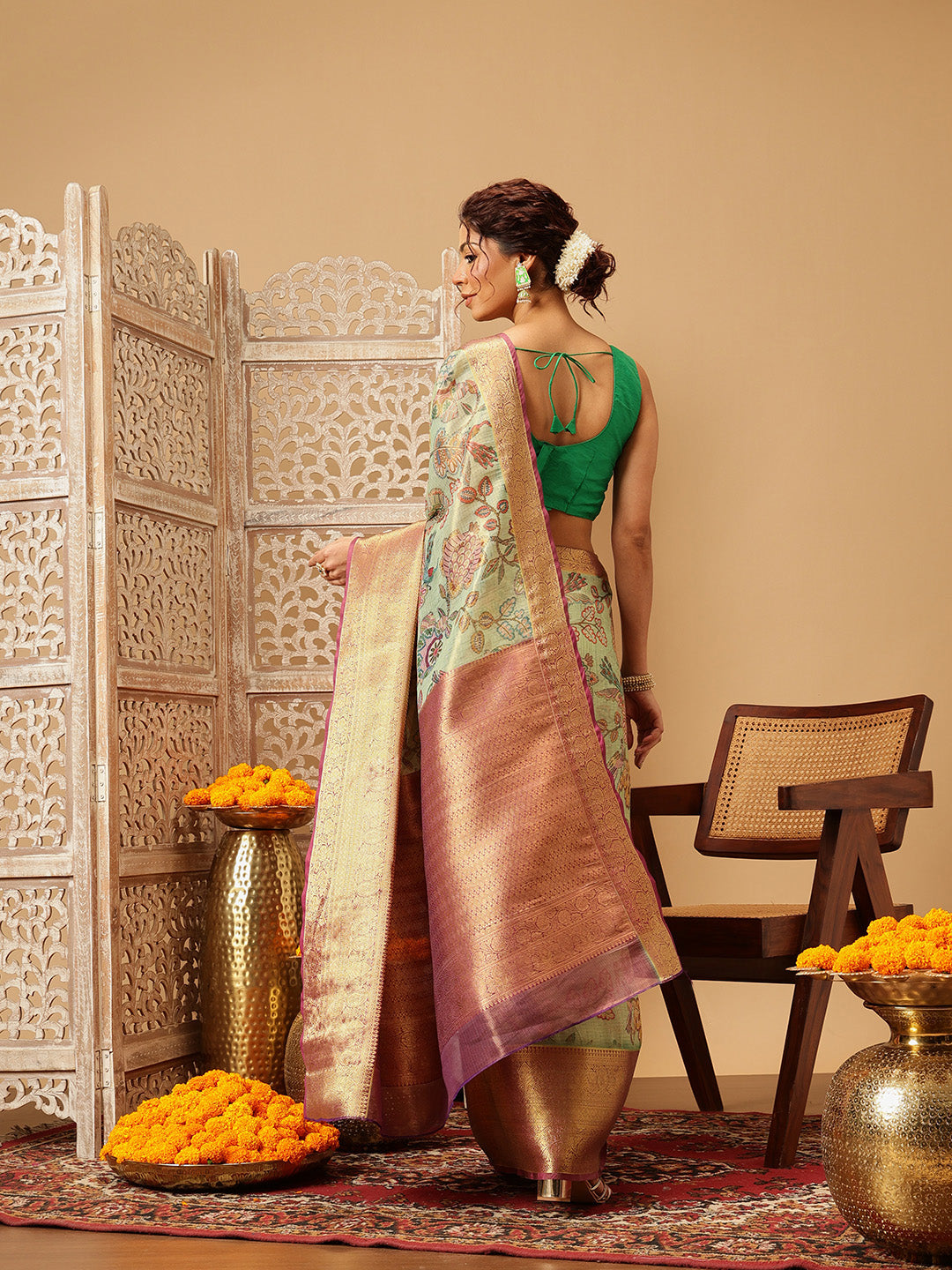 Hiral Fashion Green Banarasi Muga Silk Pichwai Digital Printed Saree | Swadesiicart