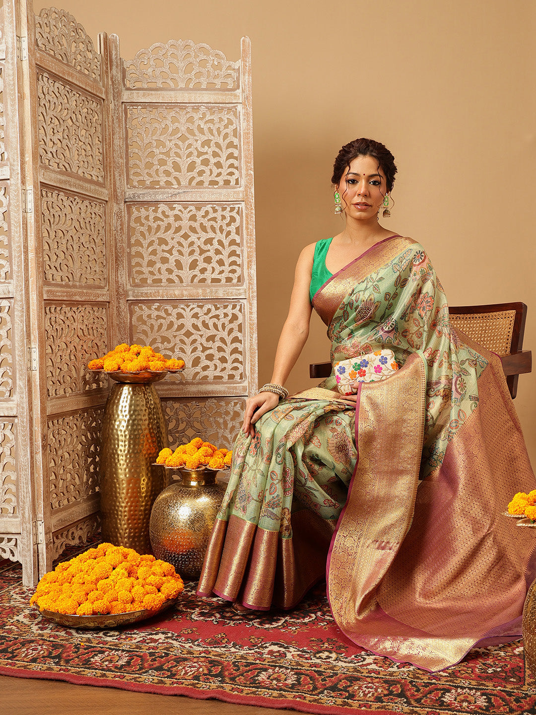 Hiral Fashion Green Banarasi Muga Silk Pichwai Digital Printed Saree | Swadesiicart