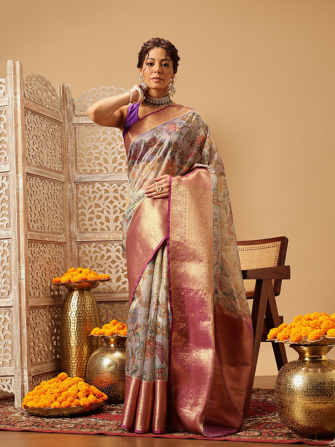 Hiral Fashion Lavender Banarasi Muga Silk Pichwai Digital Printed Saree | Swadesiicart
