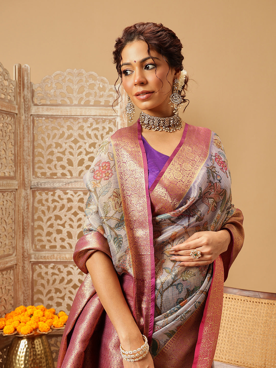 Hiral Fashion Lavender Banarasi Muga Silk Pichwai Digital Printed Saree | Swadesiicart