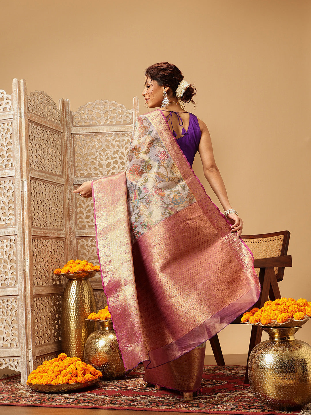 Hiral Fashion Lavender Banarasi Muga Silk Pichwai Digital Printed Saree | Swadesiicart