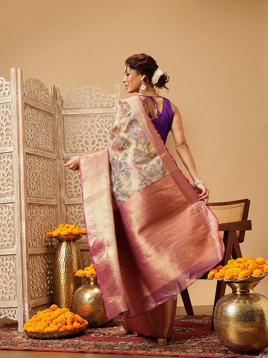 Hiral Fashion Lavender Banarasi Muga Silk Pichwai Digital Printed Saree | Swadesiicart