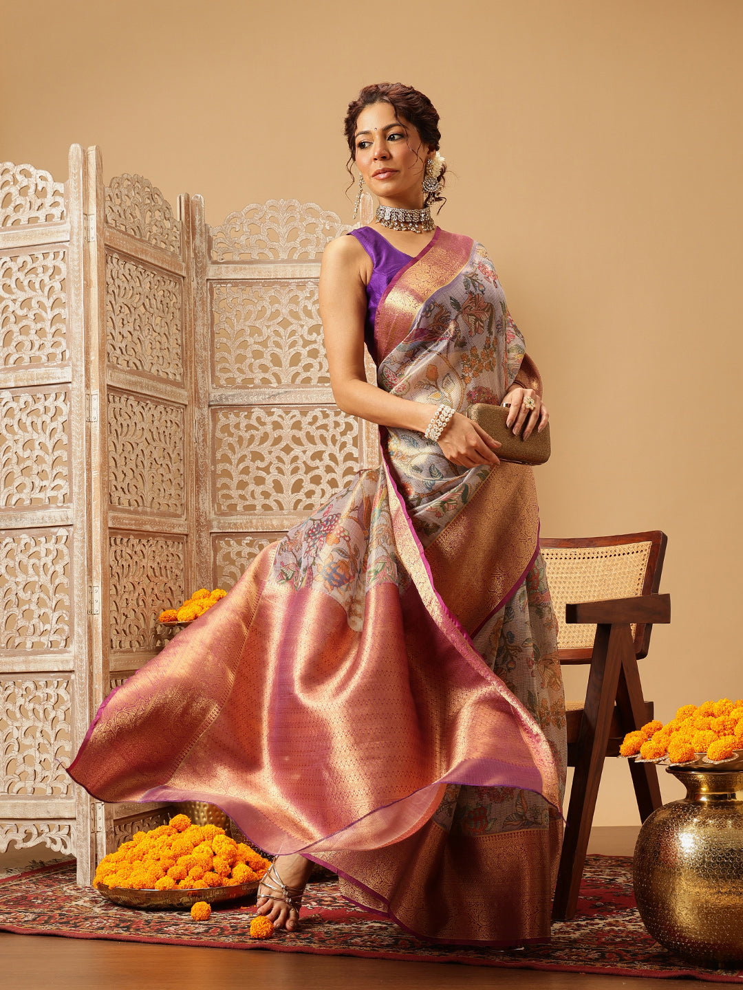 Hiral Fashion Lavender Banarasi Muga Silk Pichwai Digital Printed Saree | Swadesiicart