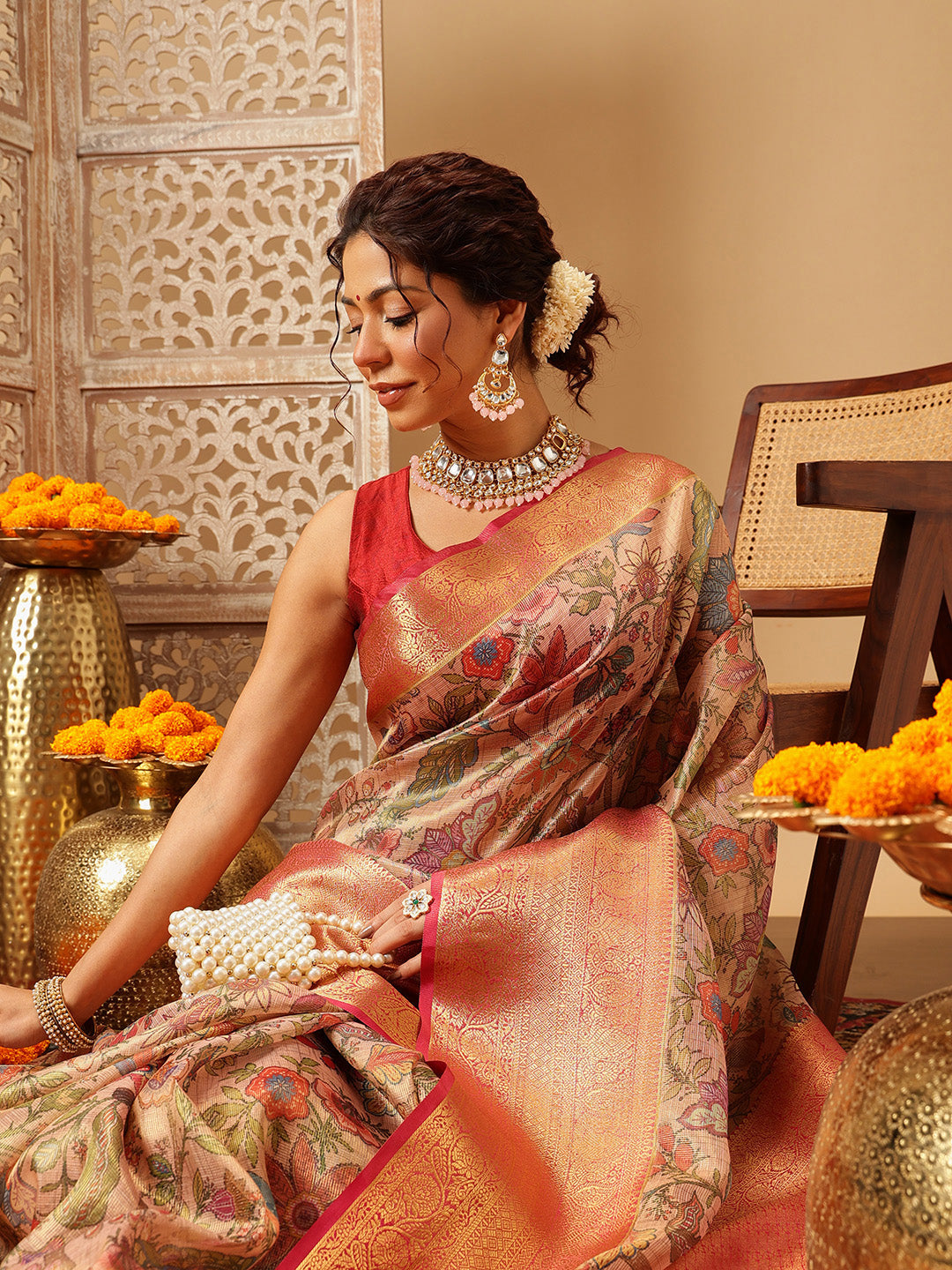 Hiral Fashion Peach Banarasi Muga Silk Pichwai Digital Printed Saree | Swadesiicart