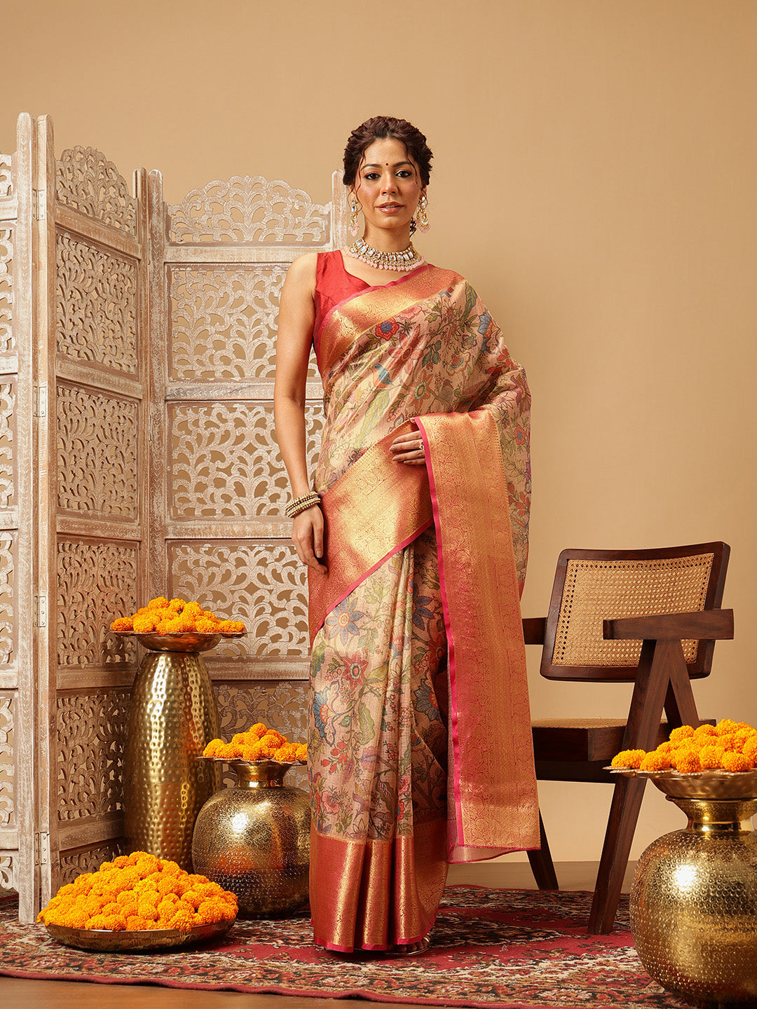 Hiral Fashion Peach Banarasi Muga Silk Pichwai Digital Printed Saree | Swadesiicart