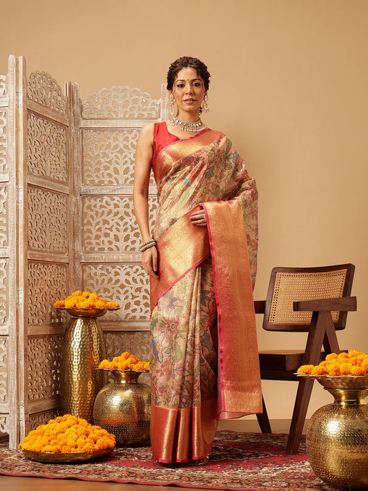 Hiral Fashion Peach Banarasi Muga Silk Pichwai Digital Printed Saree | Swadesiicart
