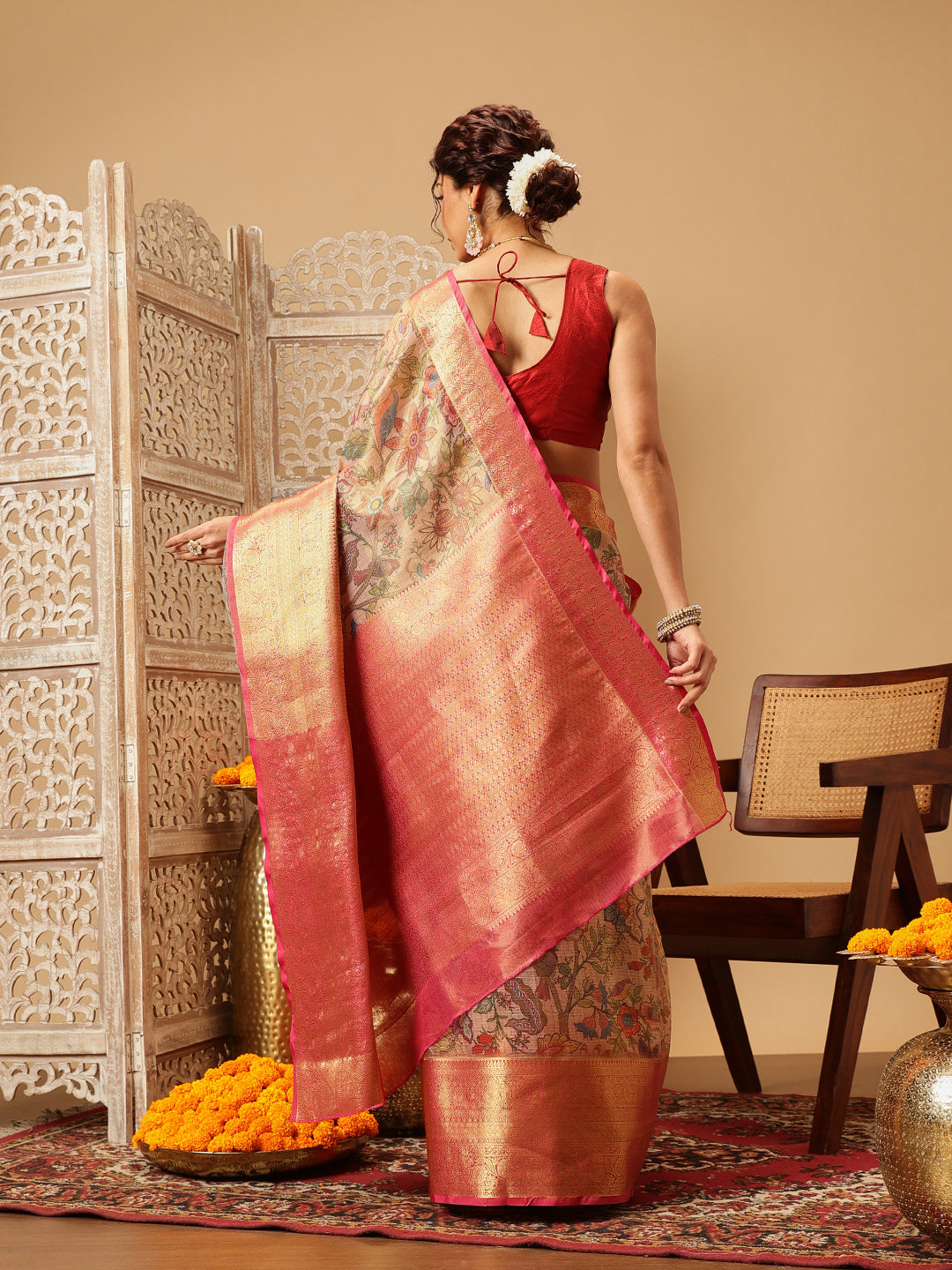 Hiral Fashion Peach Banarasi Muga Silk Pichwai Digital Printed Saree | Swadesiicart