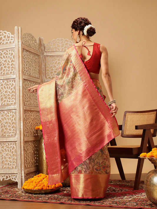 Hiral Fashion Peach Banarasi Muga Silk Pichwai Digital Printed Saree | Swadesiicart