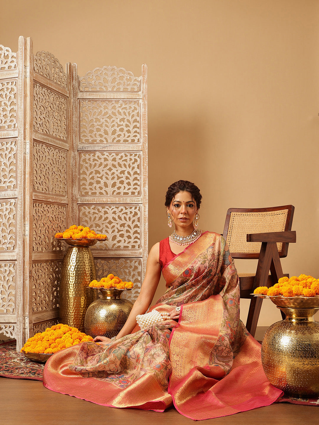 Hiral Fashion Peach Banarasi Muga Silk Pichwai Digital Printed Saree | Swadesiicart