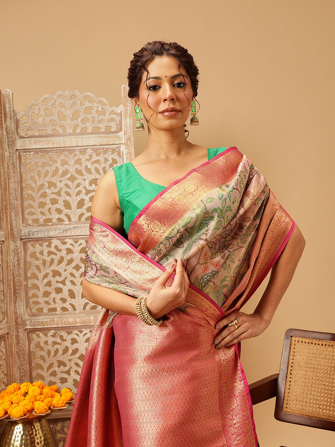 Hiral Fashion Pink Banarasi Muga Silk Pichwai Digital Printed Saree | Swadesiicart