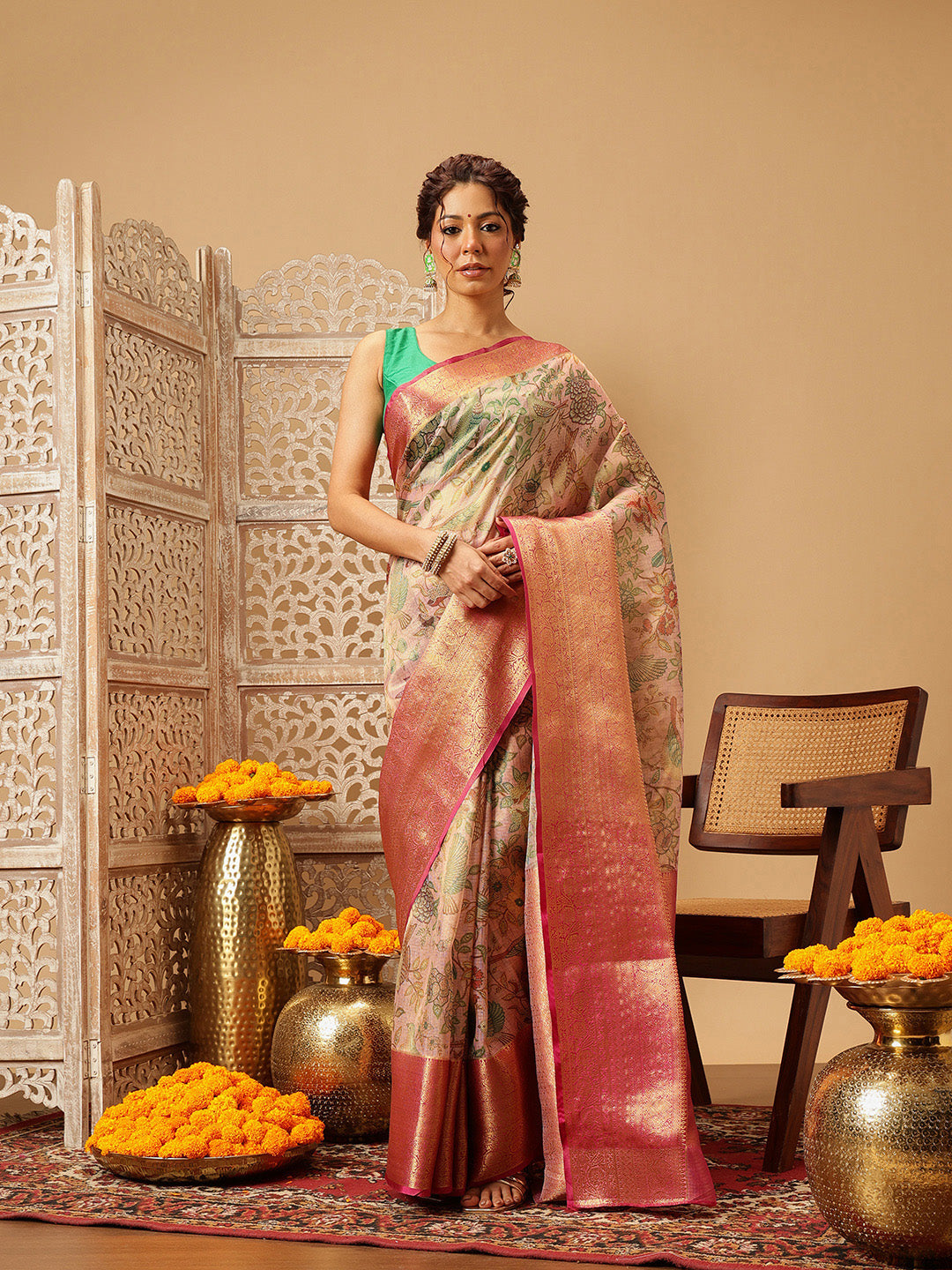 Hiral Fashion Pink Banarasi Muga Silk Pichwai Digital Printed Saree | Swadesiicart