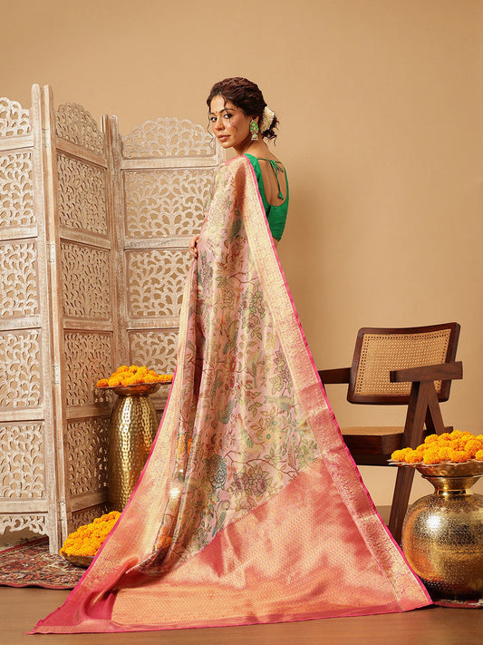 Hiral Fashion Pink Banarasi Muga Silk Pichwai Digital Printed Saree | Swadesiicart