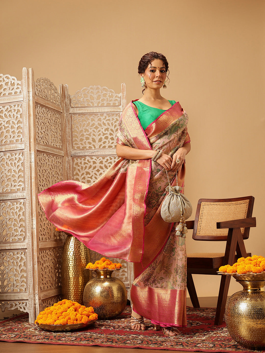 Hiral Fashion Pink Banarasi Muga Silk Pichwai Digital Printed Saree | Swadesiicart
