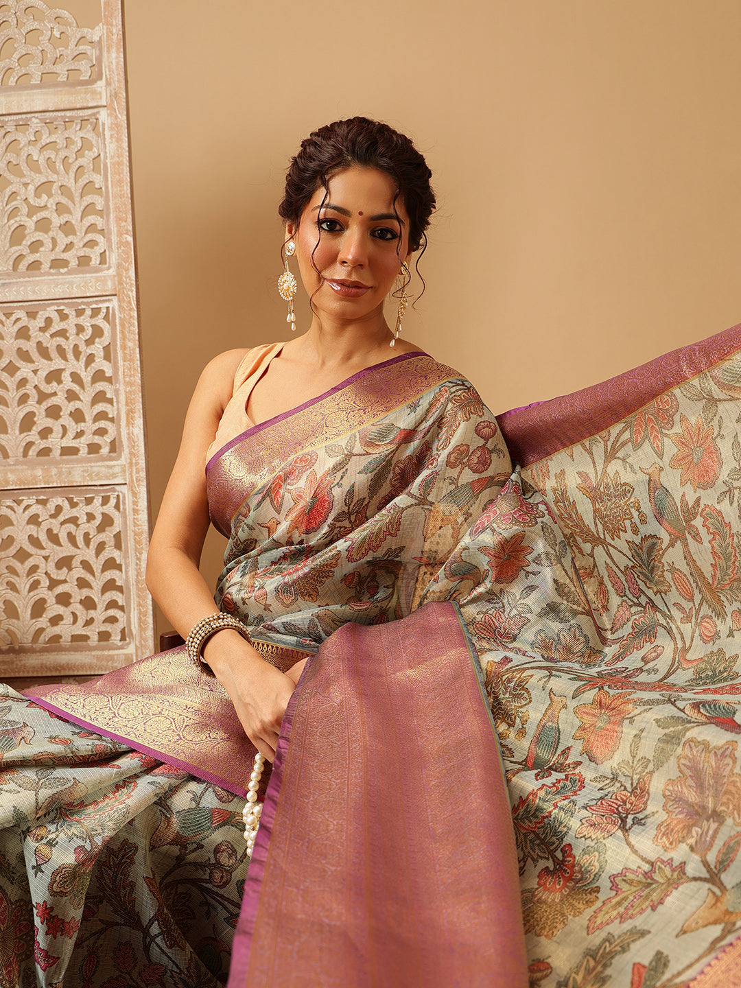 Hiral Fashion Teal Banarasi Muga Silk Pichwai Digital Printed Saree | Swadesiicart