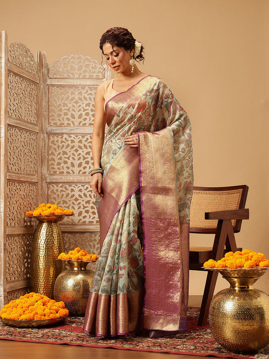 Hiral Fashion Teal Banarasi Muga Silk Pichwai Digital Printed Saree | Swadesiicart