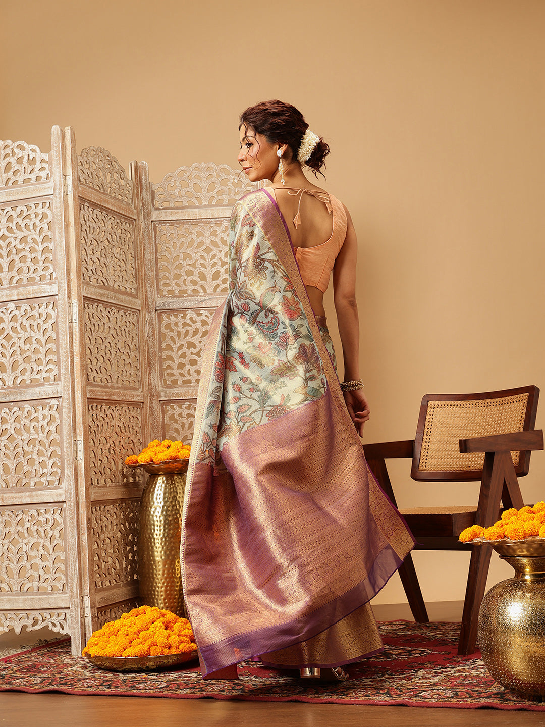 Hiral Fashion Teal Banarasi Muga Silk Pichwai Digital Printed Saree | Swadesiicart