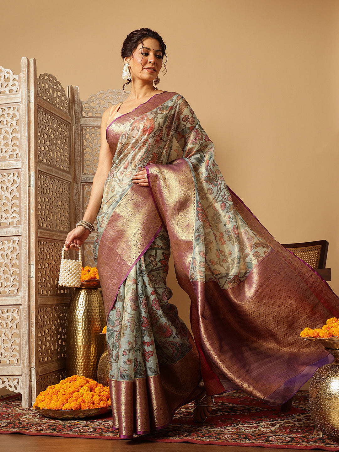 Hiral Fashion Teal Banarasi Muga Silk Pichwai Digital Printed Saree | Swadesiicart