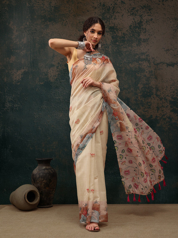 Beige Cotton Blend Digital Print Animal Print Saree with Unstitched Blouse - Hiral Fashion | Swadesiicart