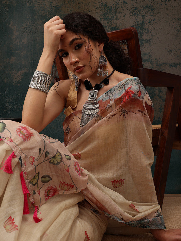 Beige Cotton Blend Digital Print Animal Print Saree with Unstitched Blouse - Hiral Fashion | Swadesiicart