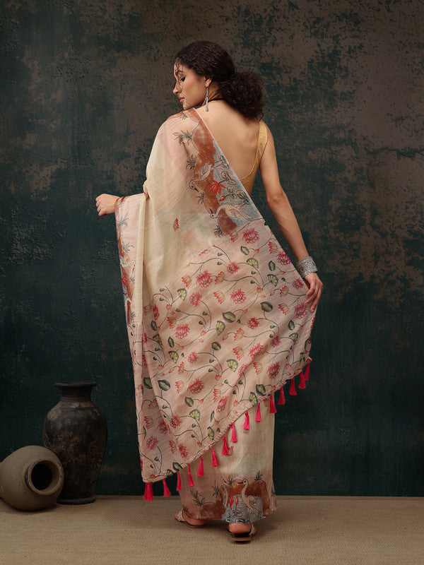 Beige Cotton Blend Digital Print Animal Print Saree with Unstitched Blouse - Hiral Fashion | Swadesiicart