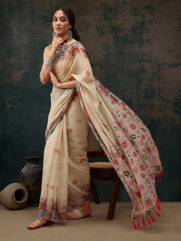 Beige Cotton Blend Digital Print Animal Print Saree with Unstitched Blouse - Hiral Fashion | Swadesiicart