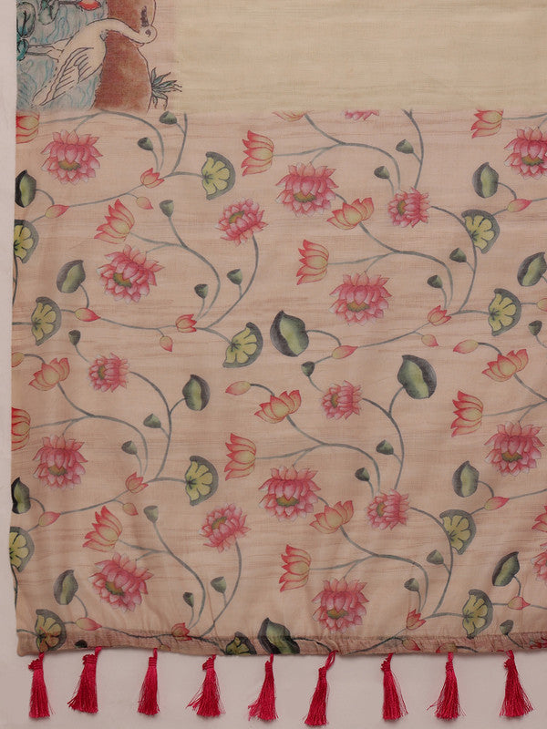 Beige Cotton Blend Digital Print Animal Print Saree with Unstitched Blouse - Hiral Fashion | Swadesiicart