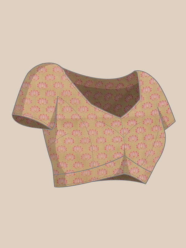 Beige Cotton Blend Digital Print Animal Print Saree with Unstitched Blouse - Hiral Fashion | Swadesiicart