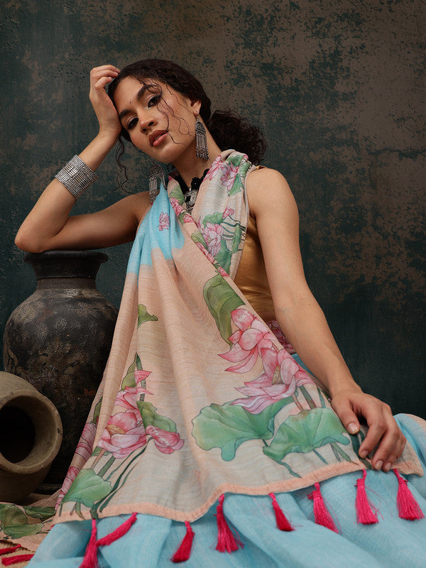 Blue Cotton Blend Digital Print Animal Print Saree with Unstitched Blouse - Hiral Fashion | Swadesiicart