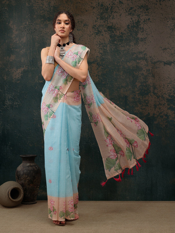 Blue Cotton Blend Digital Print Animal Print Saree with Unstitched Blouse - Hiral Fashion | Swadesiicart