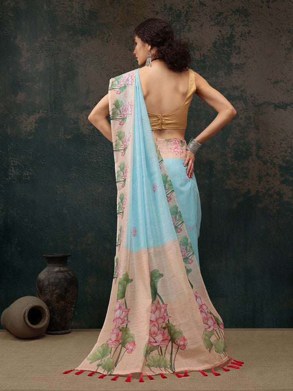Blue Cotton Blend Digital Print Animal Print Saree with Unstitched Blouse - Hiral Fashion | Swadesiicart