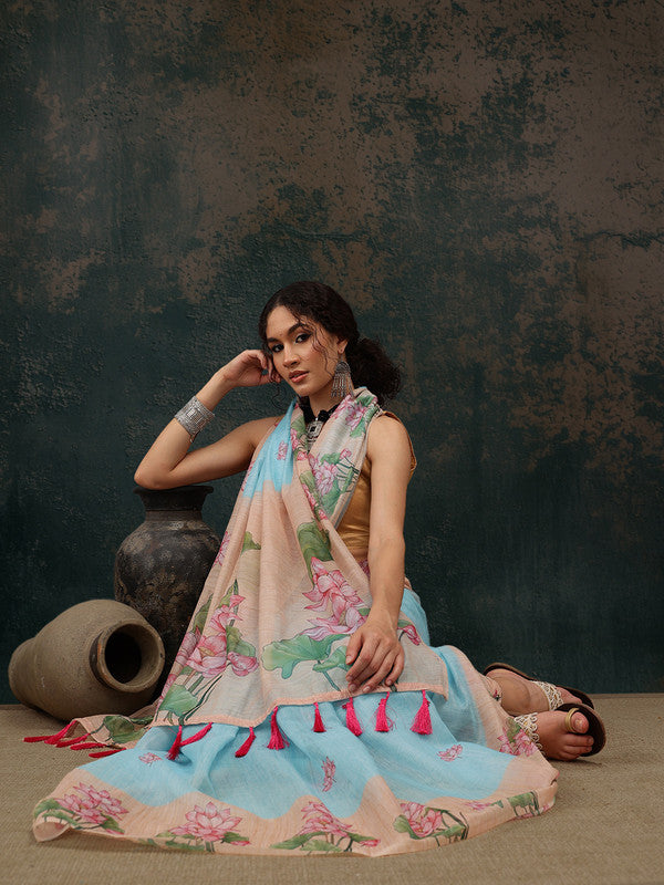 Blue Cotton Blend Digital Print Animal Print Saree with Unstitched Blouse - Hiral Fashion | Swadesiicart
