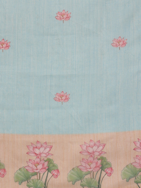 Blue Cotton Blend Digital Print Animal Print Saree with Unstitched Blouse - Hiral Fashion | Swadesiicart