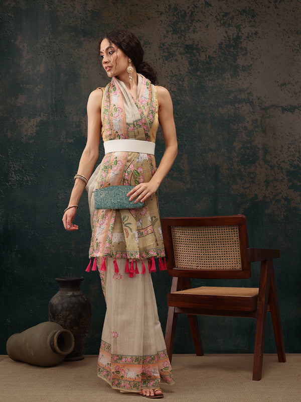 Green Cotton Blend Digital Print Animal Print Saree with Unstitched Blouse - Hiral Fashion | Swadesiicart