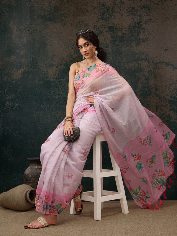 Light Pink Cotton Blend Digital Print Animal Print Saree with Unstitched Blouse - Hiral Fashion | Swadesiicart