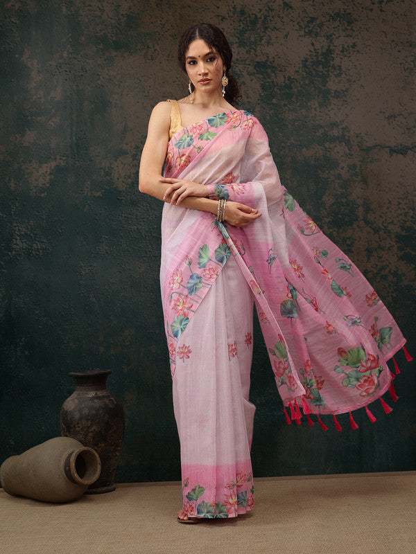 Light Pink Cotton Blend Digital Print Animal Print Saree with Unstitched Blouse - Hiral Fashion | Swadesiicart