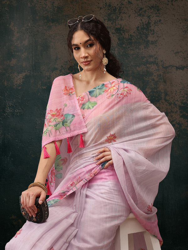Light Pink Cotton Blend Digital Print Animal Print Saree with Unstitched Blouse - Hiral Fashion | Swadesiicart