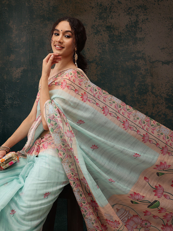 Turquoise Cotton Blend Digital Print Animal Print Saree with Unstitched Blouse - Hiral Fashion | Swadesiicart