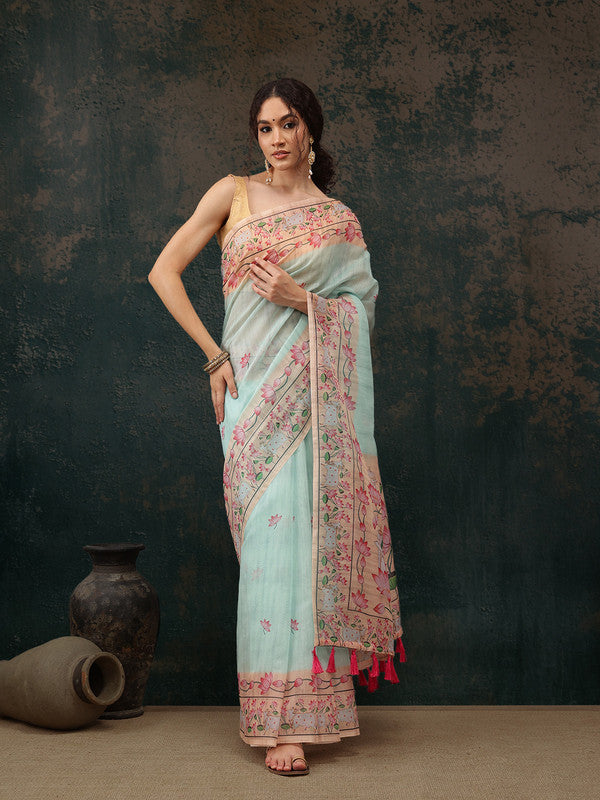 Turquoise Cotton Blend Digital Print Animal Print Saree with Unstitched Blouse - Hiral Fashion | Swadesiicart