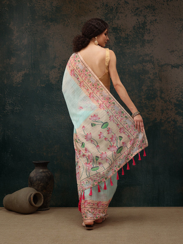 Turquoise Cotton Blend Digital Print Animal Print Saree with Unstitched Blouse - Hiral Fashion | Swadesiicart