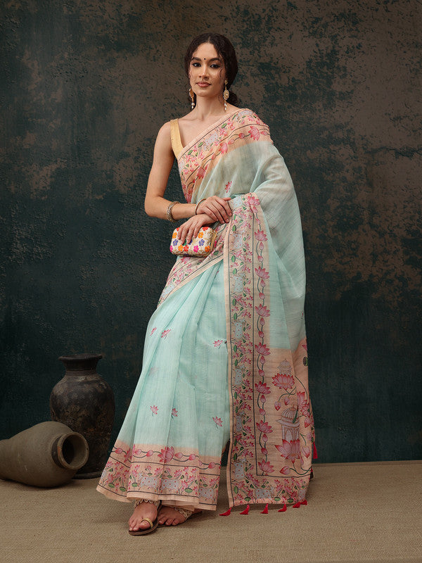 Turquoise Cotton Blend Digital Print Animal Print Saree with Unstitched Blouse - Hiral Fashion | Swadesiicart