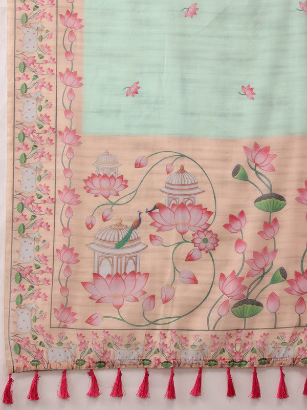 Turquoise Cotton Blend Digital Print Animal Print Saree with Unstitched Blouse - Hiral Fashion | Swadesiicart