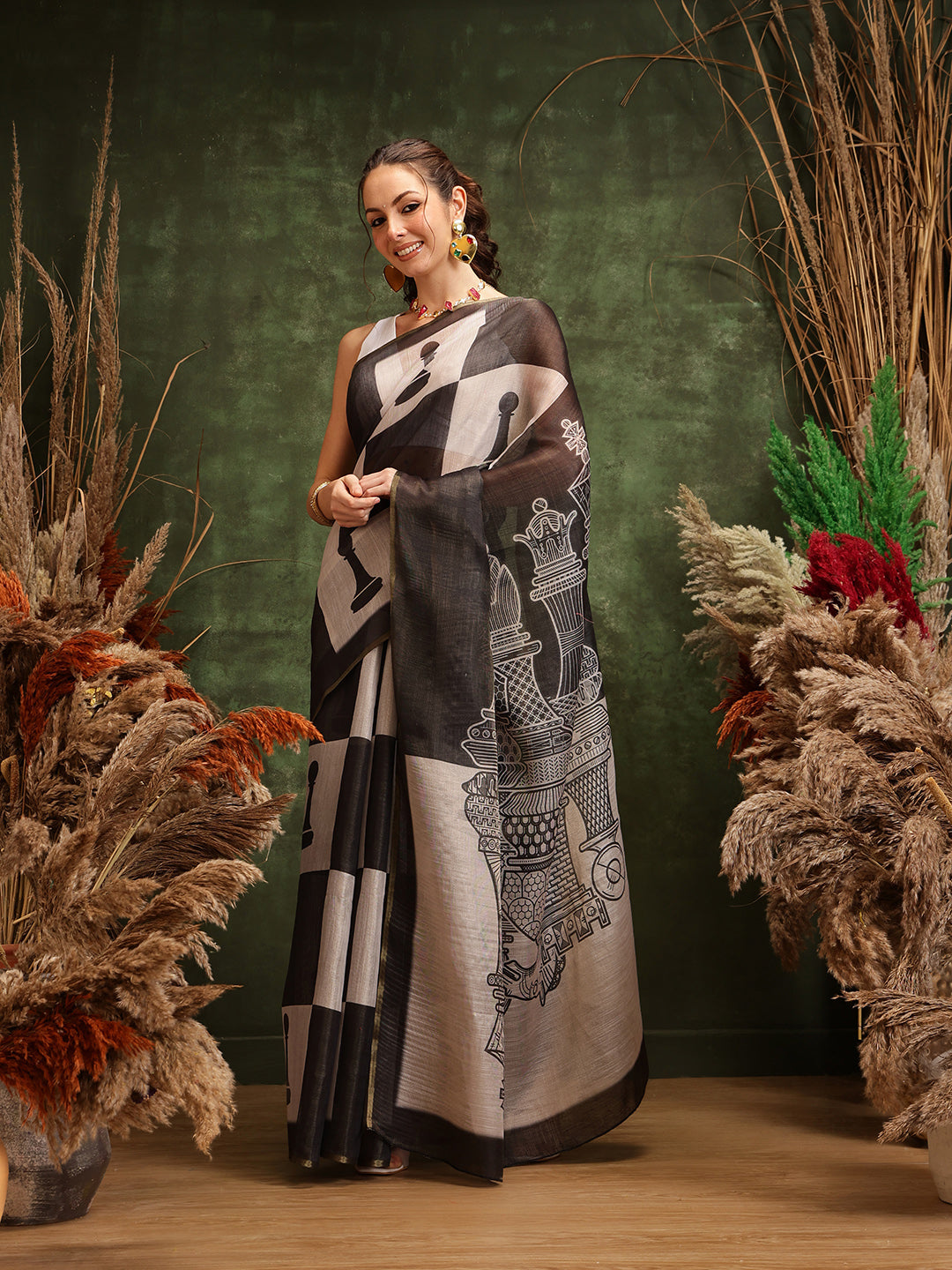 Hiral Fashion Black Chanderi Cotton Blend Abstract Digital Printed Saree | Swadesiicart